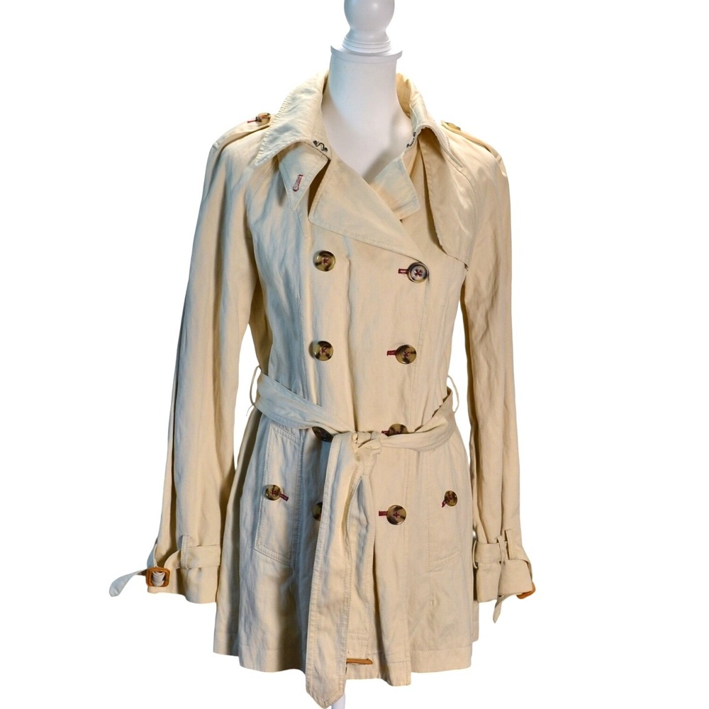 Banana Republic Trench Coat Work Travel Casual Fall Cream Belted Cotton Size M